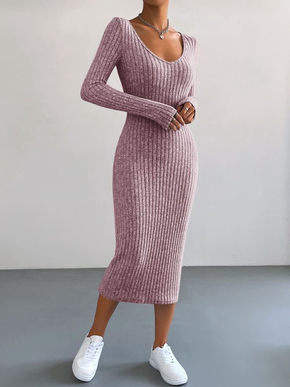 Essnce V Neck Ribbed Knit Bodycon Midi Dress Soft Pink Size Lrg